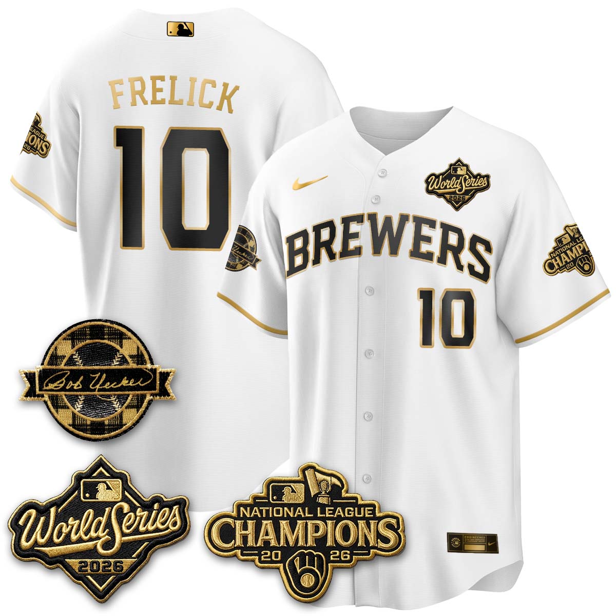 Milwaukee Brewers Sal Frelick 2026 NL Champions Bob Uecker Patch Vapor Jersey - All Stitched - White Gold