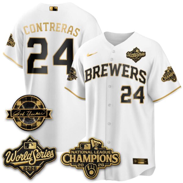 Milwaukee Brewers William Contreras 2026 NL Champions Bob Uecker Patch Vapor Jersey - All Stitched - White Gold