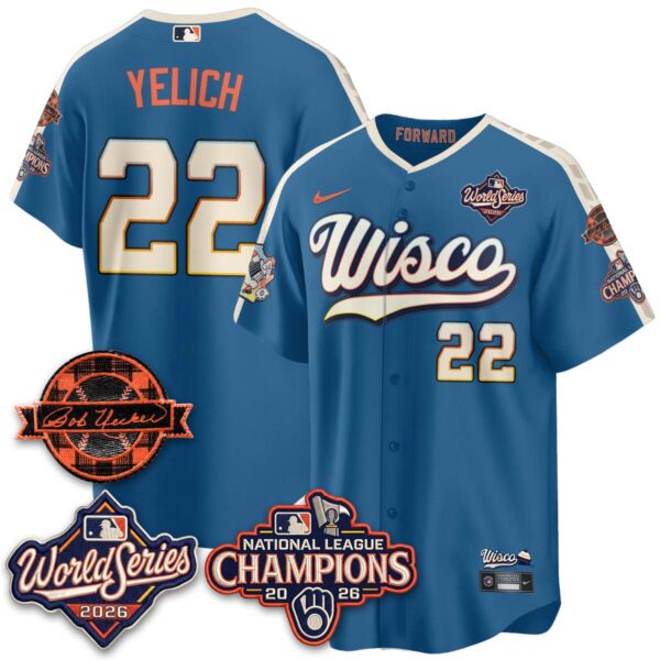 Milwaukee Brewers Christian Yelich 2026 NL Champions Bob Uecker Patch Vapor Jersey - All Stitched - City Connect