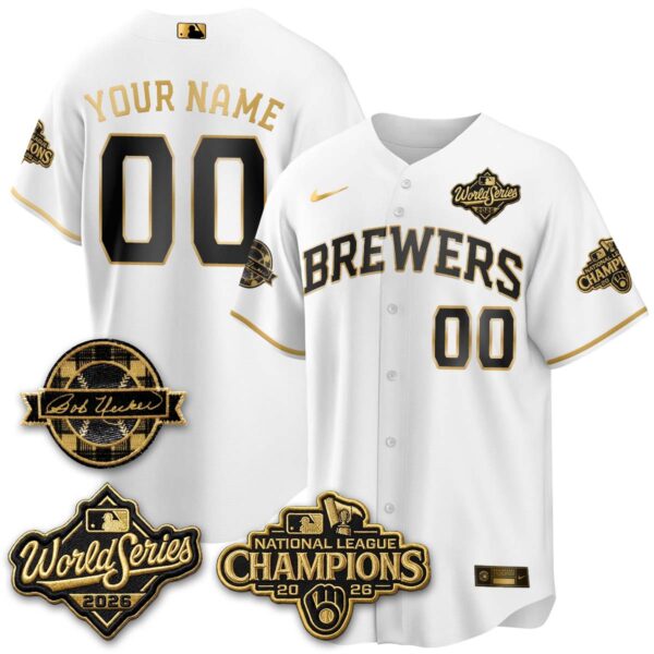 Milwaukee Brewers 2026 NL Champions Bob Uecker Patch Custom Vapor Jersey - All Stitched - White Gold