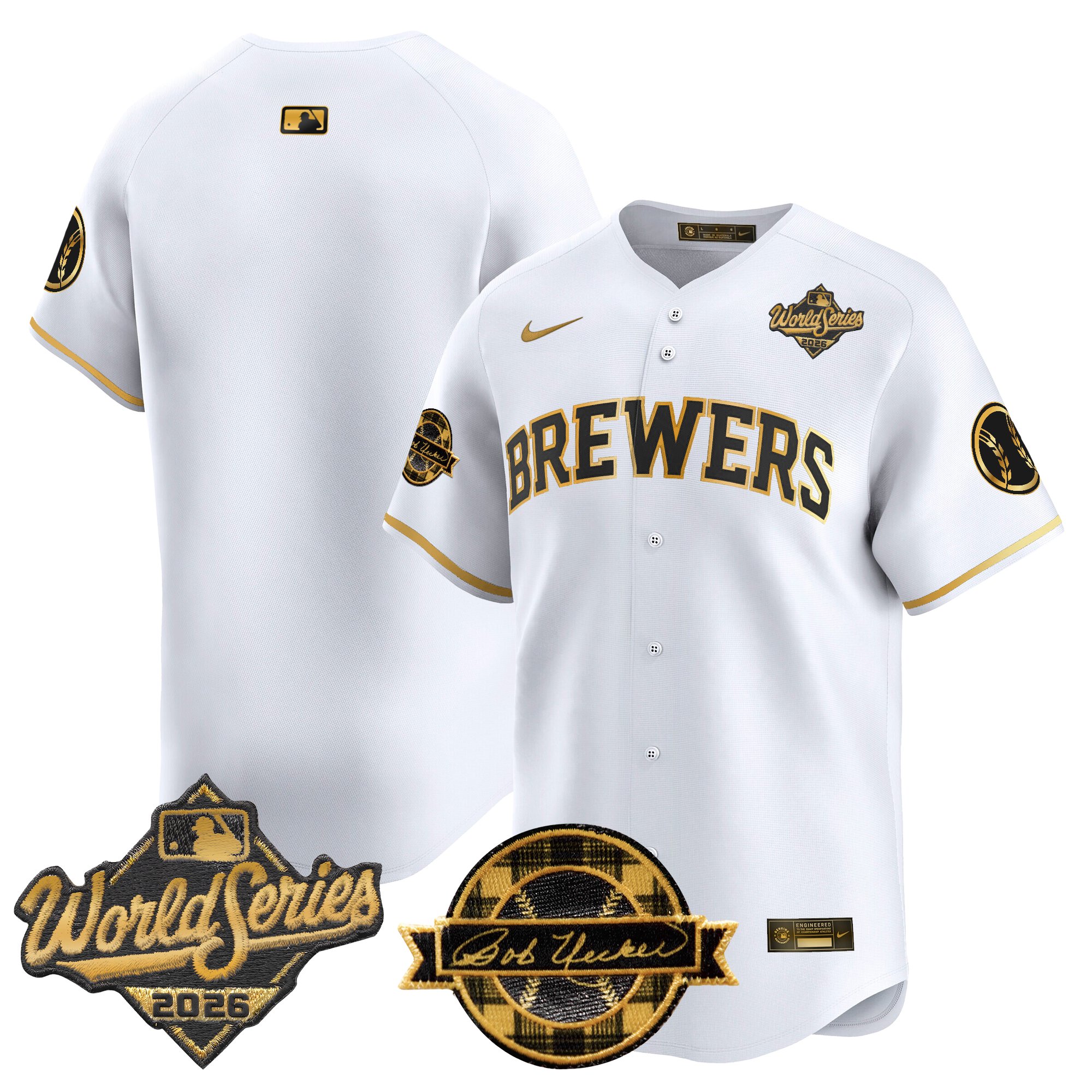 Milwaukee Brewers Team 2026 World Series Bob Uecker Patch Vapor Limited Jersey V2 - All Stitched - White Gold