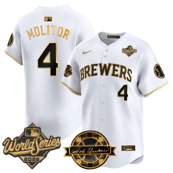 Milwaukee Brewers Paul Molitor 2026 World Series Bob Uecker Patch Vapor Limited Jersey V2 - All Stitched - White Gold