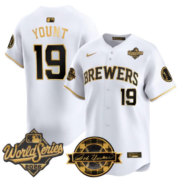 Milwaukee Brewers Robin Yount 2026 World Series Bob Uecker Patch Vapor Limited Jersey V2 - All Stitched - White Gold