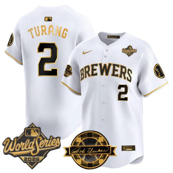 Milwaukee Brewers Brice Turang 2026 World Series Bob Uecker Patch Vapor Limited Jersey V2 - All Stitched - White Gold