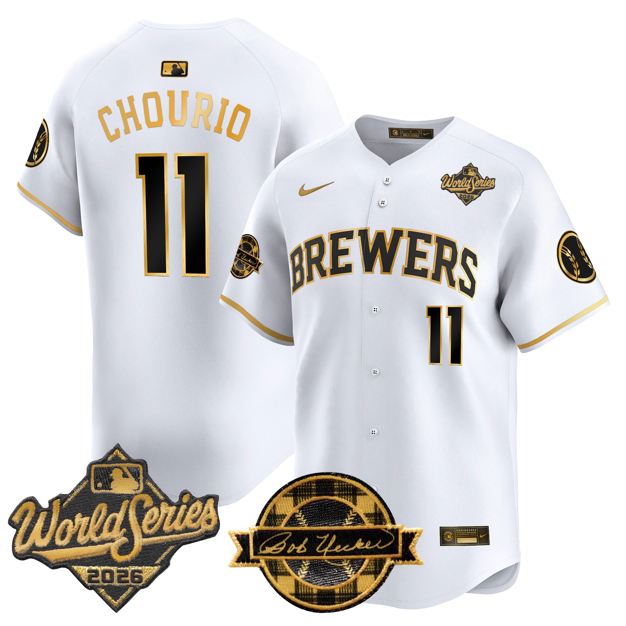 Milwaukee Brewers Jackson Chourio 2026 World Series Bob Uecker Patch Vapor Limited Jersey V2 - All Stitched - White Gold