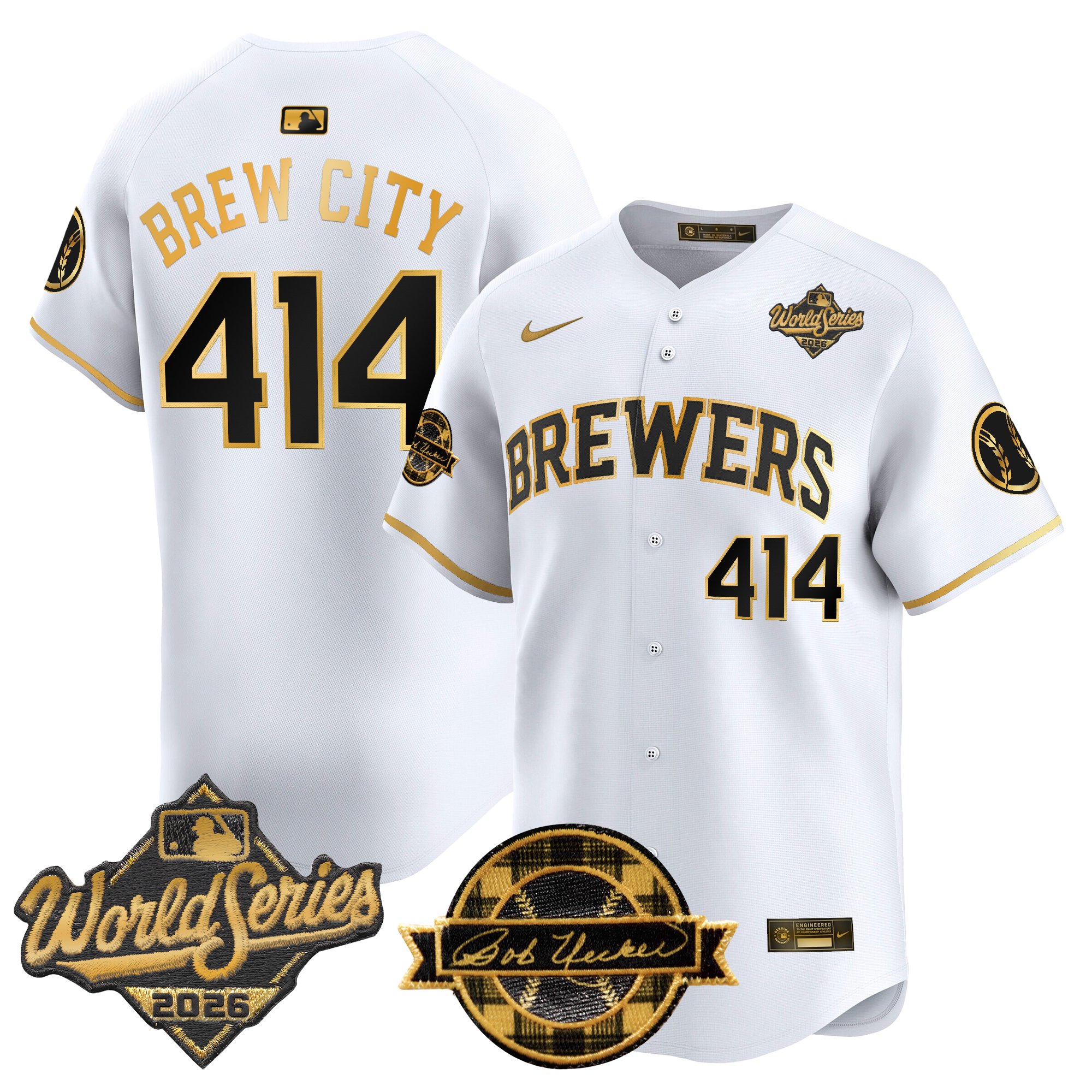 Milwaukee Brewers Brew City 414 2026 World Series Bob Uecker Patch Vapor Limited Jersey V2 - All Stitched - White Gold