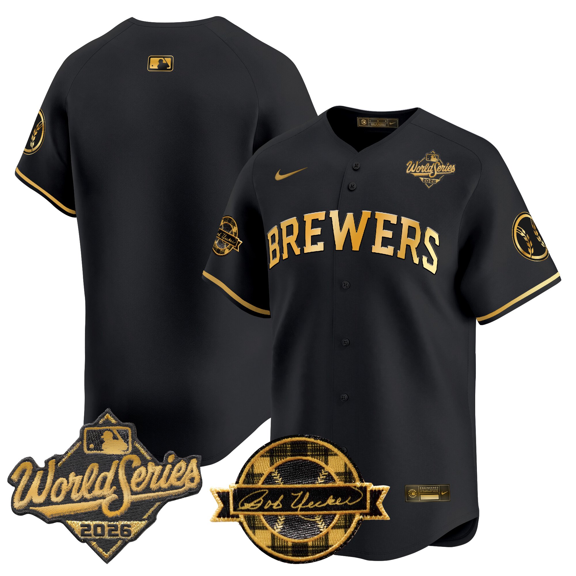 Milwaukee Brewers Team 2026 World Series Bob Uecker Patch Vapor Limited Jersey V2 - All Stitched - Black Gold