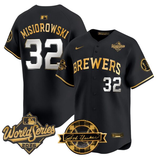 Milwaukee Brewers Jacob Misiorowski 2026 World Series Bob Uecker Patch Vapor Limited Jersey V2 - All Stitched - Black Gold