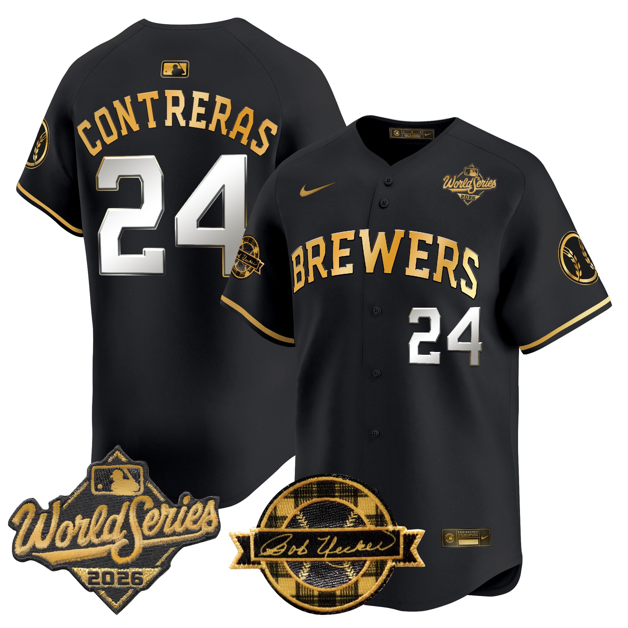 Milwaukee Brewers William Contreras 2026 World Series Bob Uecker Patch Vapor Limited Jersey V2 - All Stitched - Black Gold