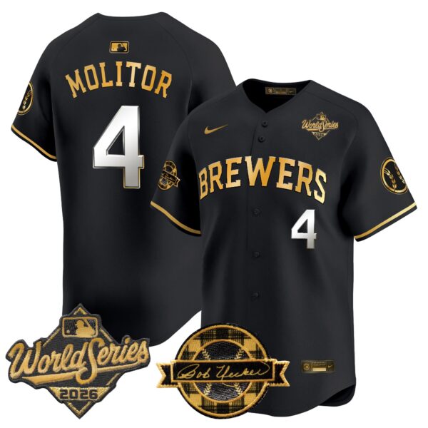 Milwaukee Brewers Paul Molitor 2026 World Series Bob Uecker Patch Vapor Limited Jersey V2 - All Stitched - Black Gold