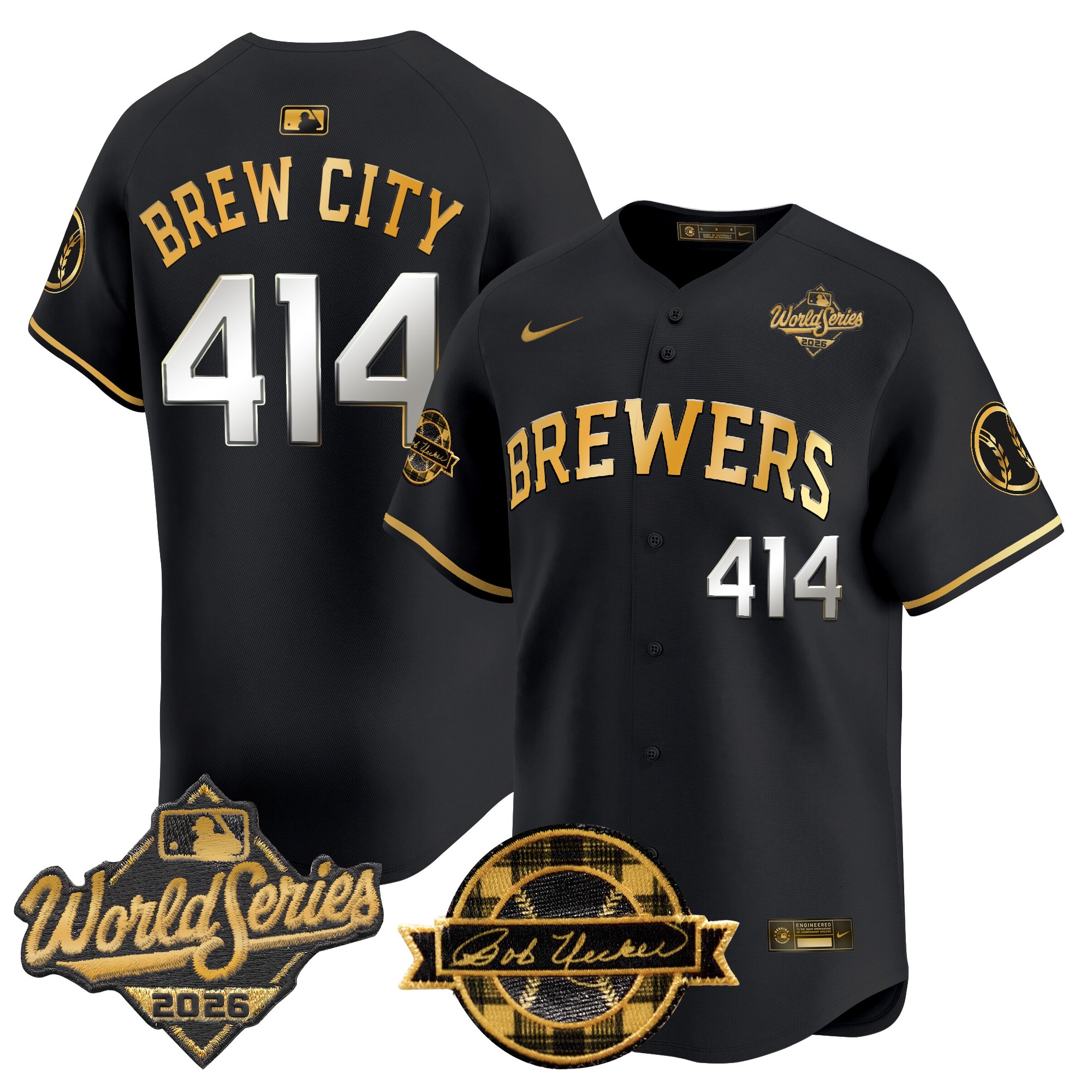 Milwaukee Brewers Brew City 414 2026 World Series Bob Uecker Patch Vapor Limited Jersey V2 - All Stitched - Black Gold