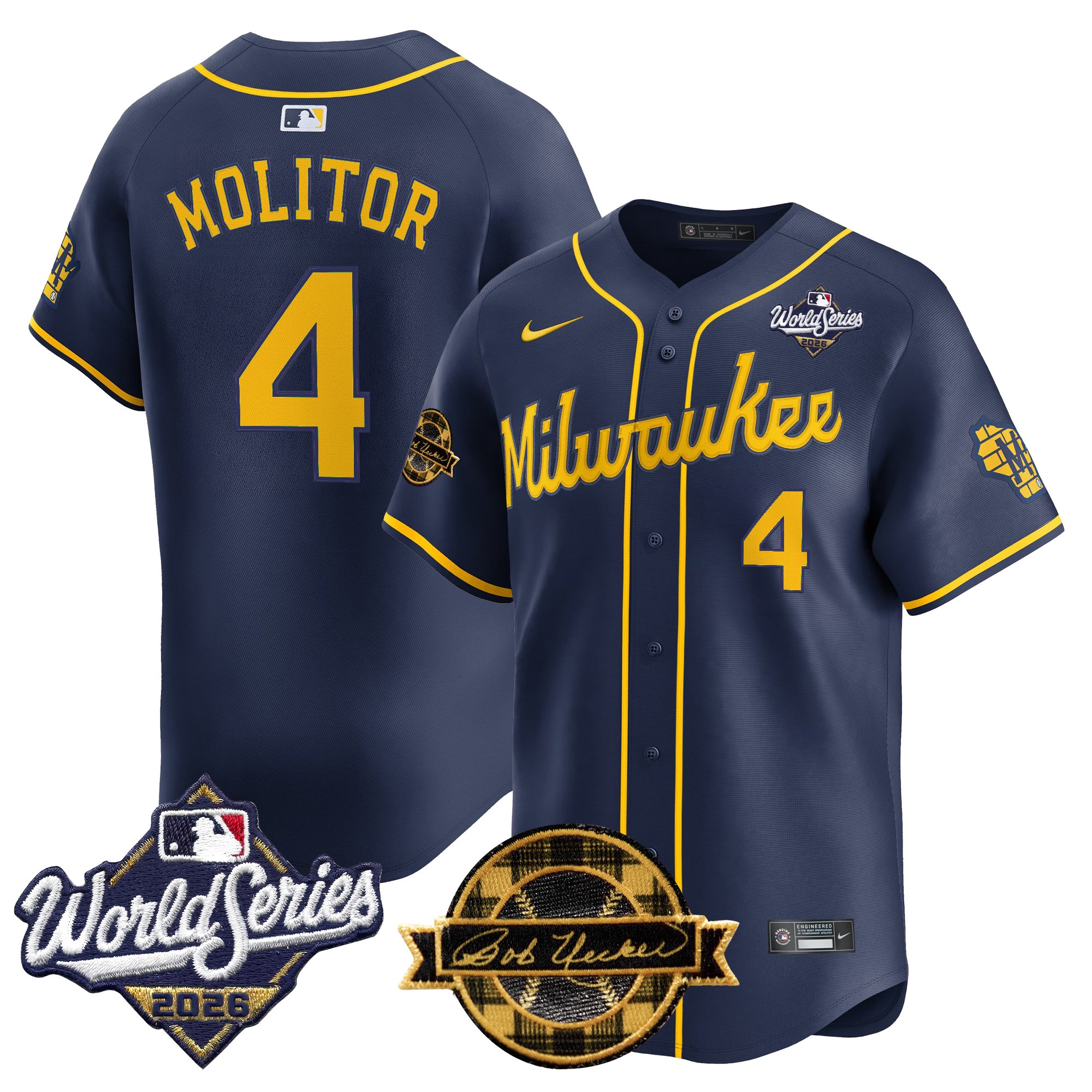 Milwaukee Brewers Paul Molitor 2026 World Series Bob Uecker Patch Vapor Limited Jersey V2 - All Stitched - Navy