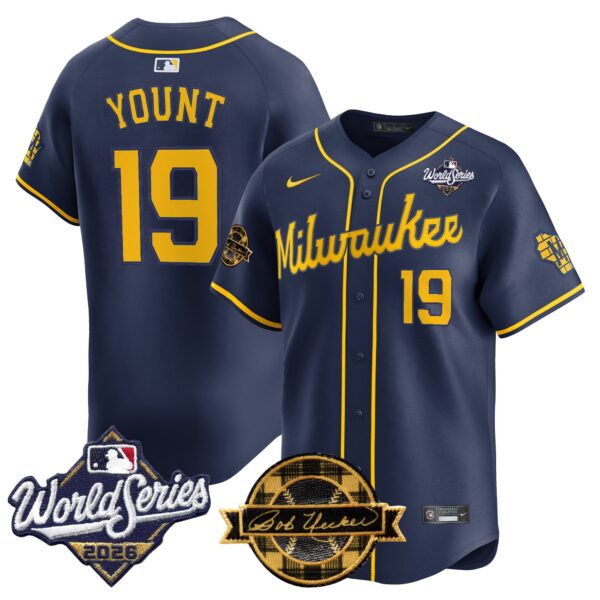 Milwaukee Brewers Robin Yount 2026 World Series Bob Uecker Patch Vapor Limited Jersey V2 - All Stitched - Navy