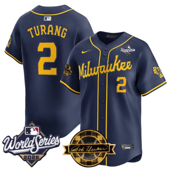 Milwaukee Brewers Brice Turang 2026 World Series Bob Uecker Patch Vapor Limited Jersey V2 - All Stitched - Navy