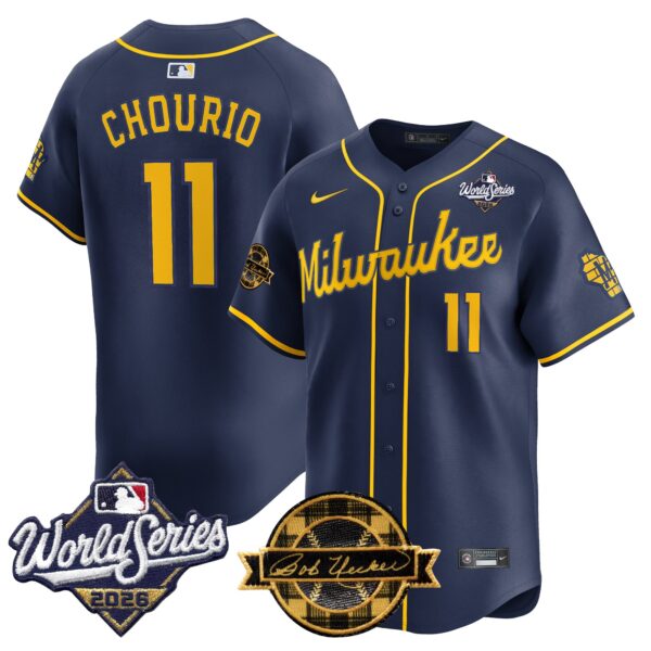Milwaukee Brewers Jackson Chourio 2026 World Series Bob Uecker Patch Vapor Limited Jersey V2 - All Stitched - Navy