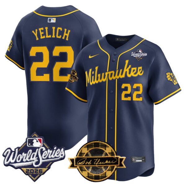 Milwaukee Brewers Christian Yelich 2026 World Series Bob Uecker Patch Vapor Limited Jersey V2 - All Stitched - Navy