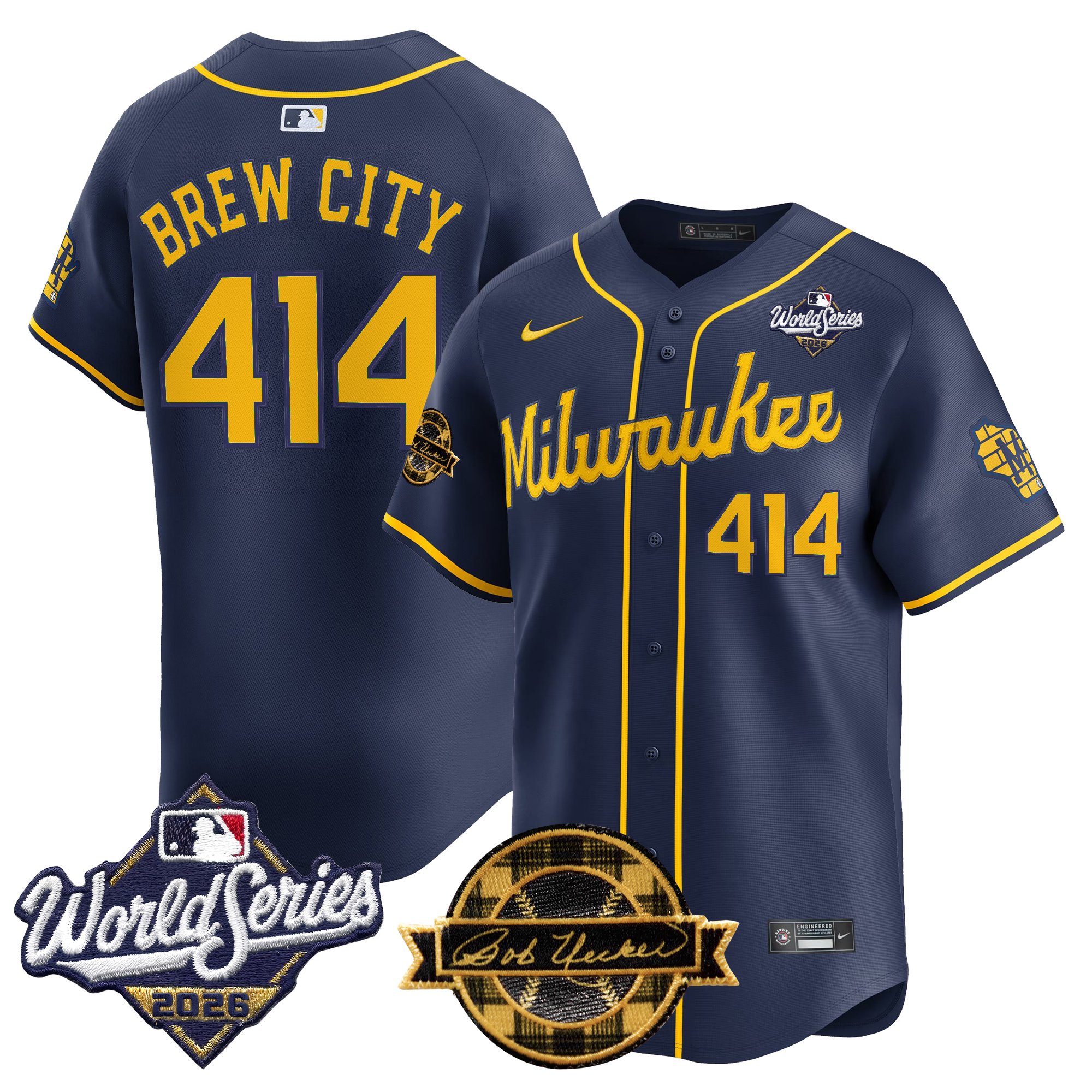 Milwaukee Brewers Brew City 414 2026 World Series Bob Uecker Patch Vapor Limited Jersey V2 - All Stitched - Navy
