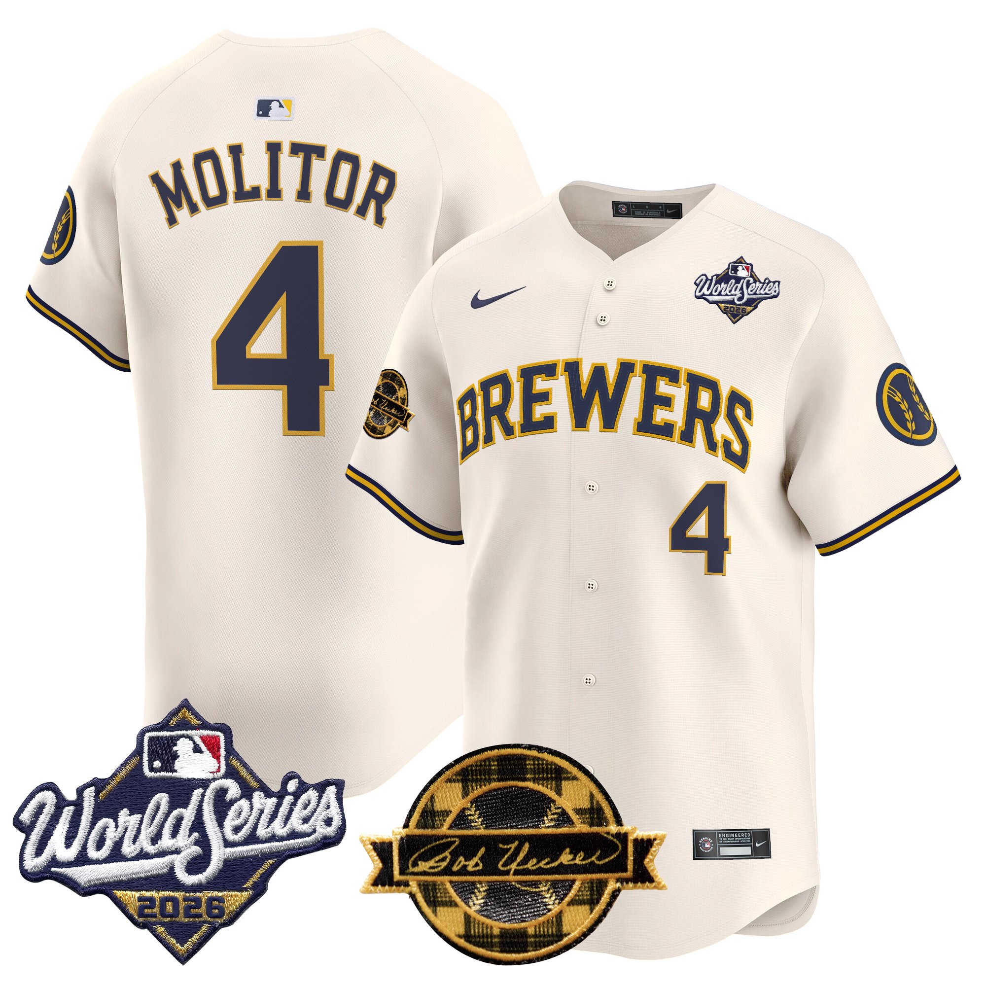 Milwaukee Brewers Paul Molitor 2026 World Series Bob Uecker Patch Vapor Limited Jersey V2 - All Stitched - Cream
