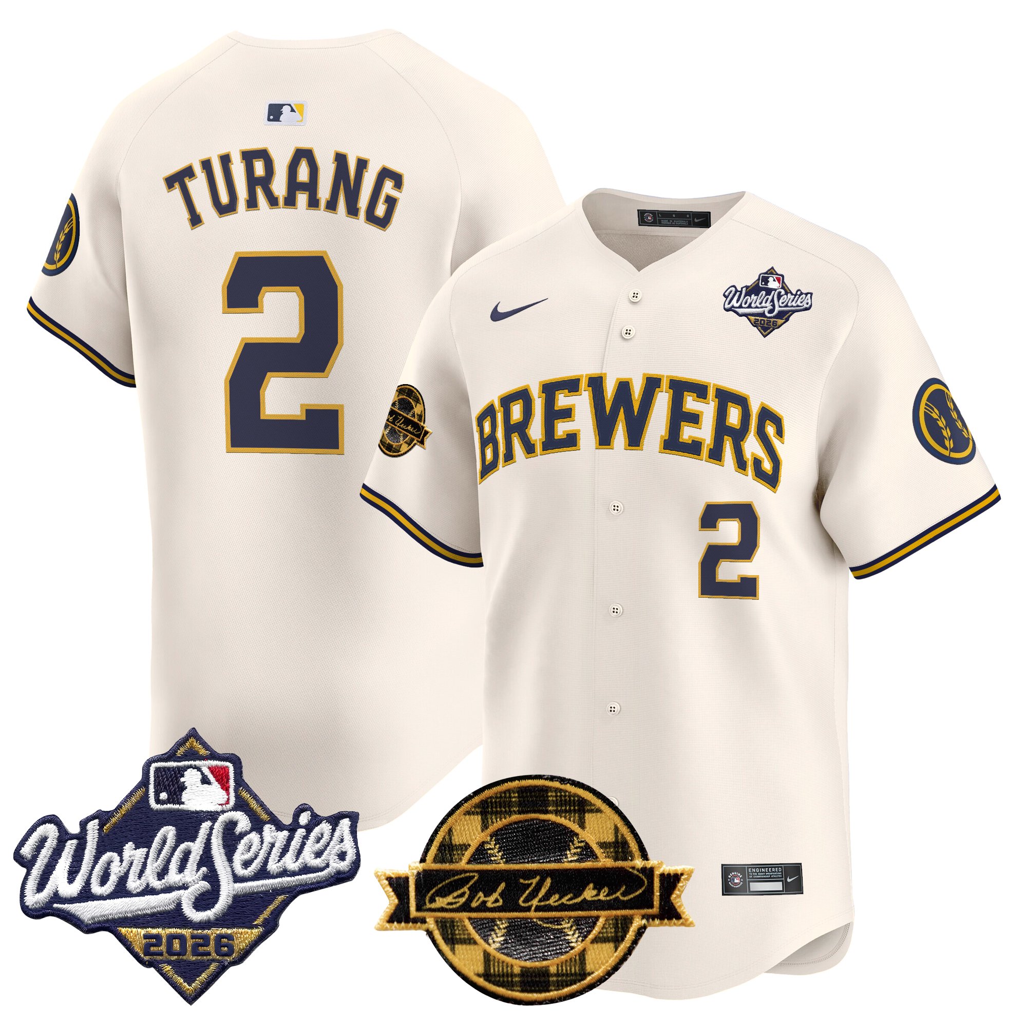 Milwaukee Brewers Brice Turang 2026 World Series Bob Uecker Patch Vapor Limited Jersey V2 - All Stitched - Cream