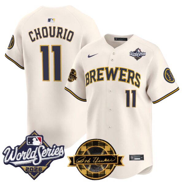 Milwaukee Brewers Jackson Chourio 2026 World Series Bob Uecker Patch Vapor Limited Jersey V2 - All Stitched - Cream