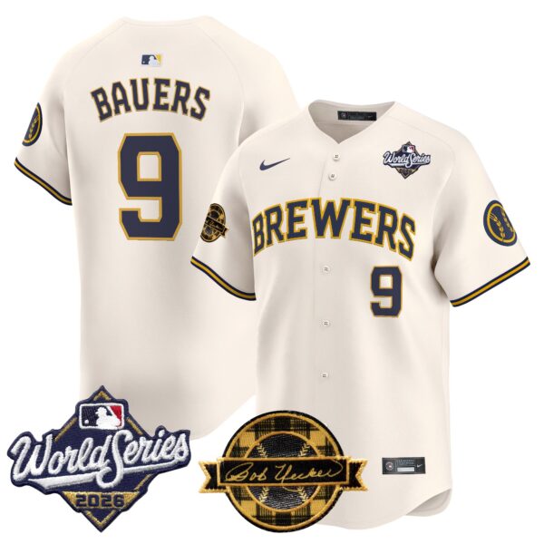 Milwaukee Brewers Jake Bauers 2026 World Series Bob Uecker Patch Vapor Limited Jersey V2 - All Stitched - Cream