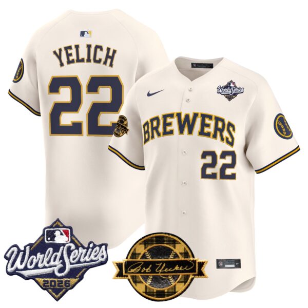 Milwaukee Brewers Christian Yelich 2026 World Series Bob Uecker Patch Vapor Limited Jersey V2 - All Stitched - Cream