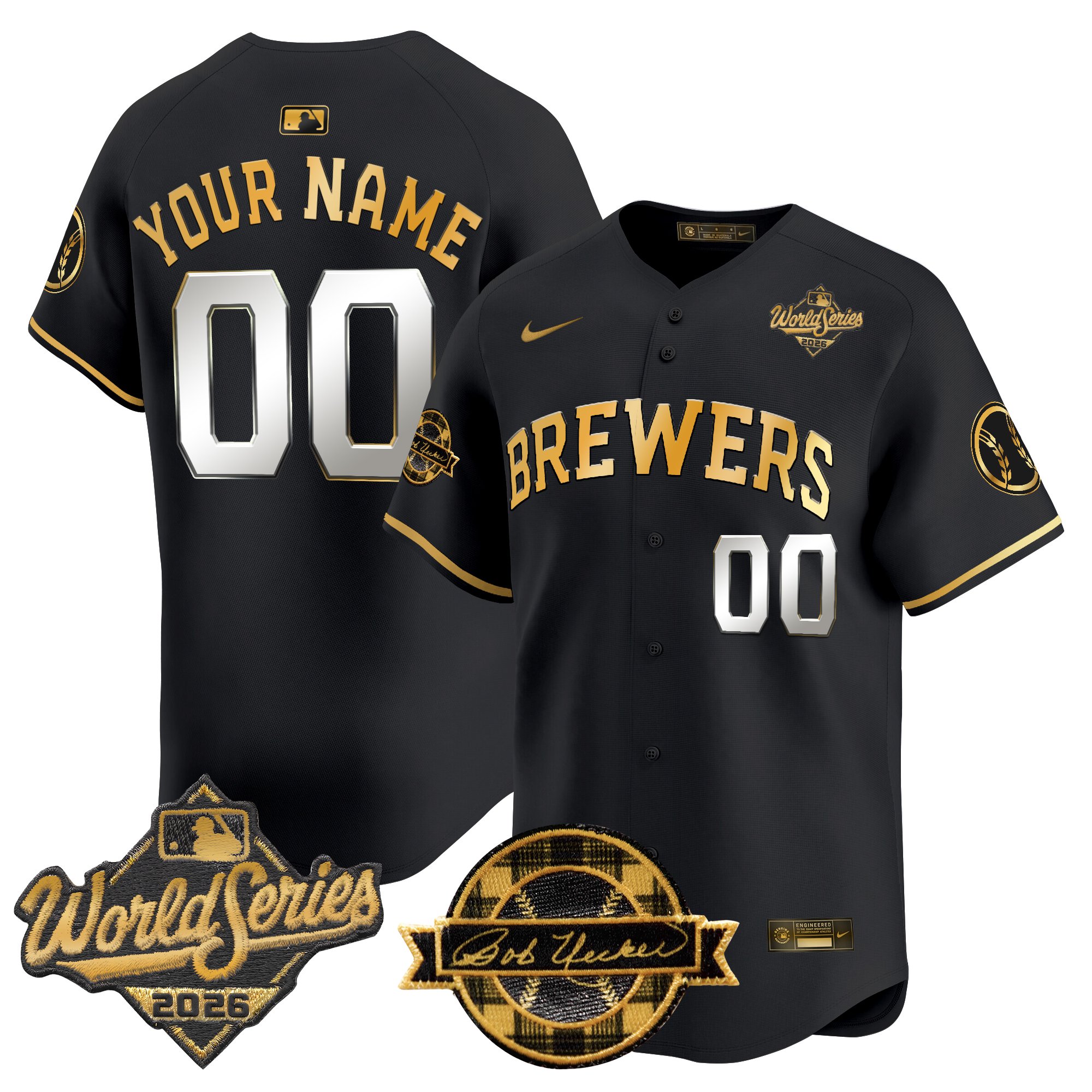 Milwaukee Brewers 2026 World Series Bob Uecker Patch Vapor Limited Custom Jersey V2 - All Stitched - Black Gold