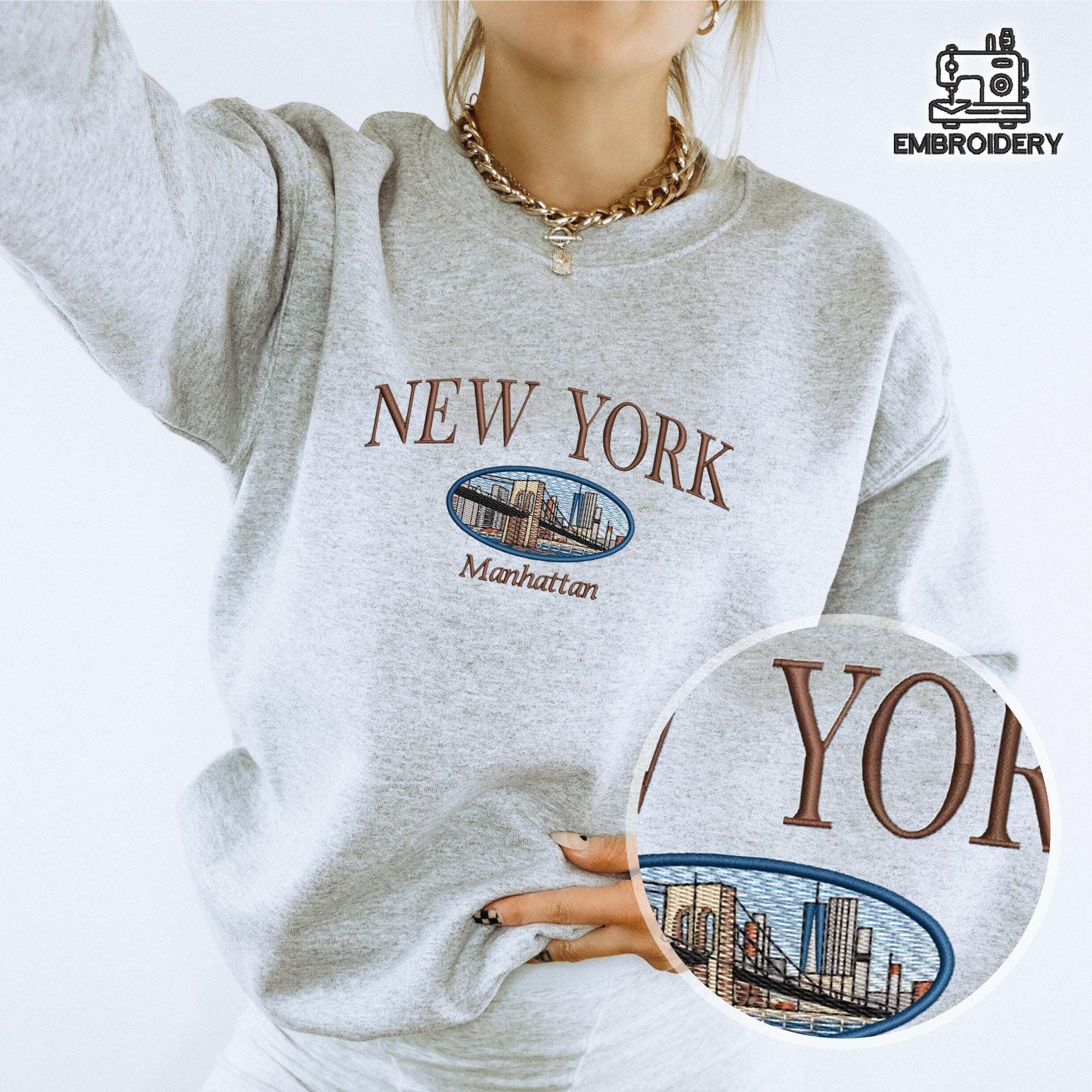 Embroidered New York Manhattan Skyline Brooklyn Bridge Sweatshirt - Image 3